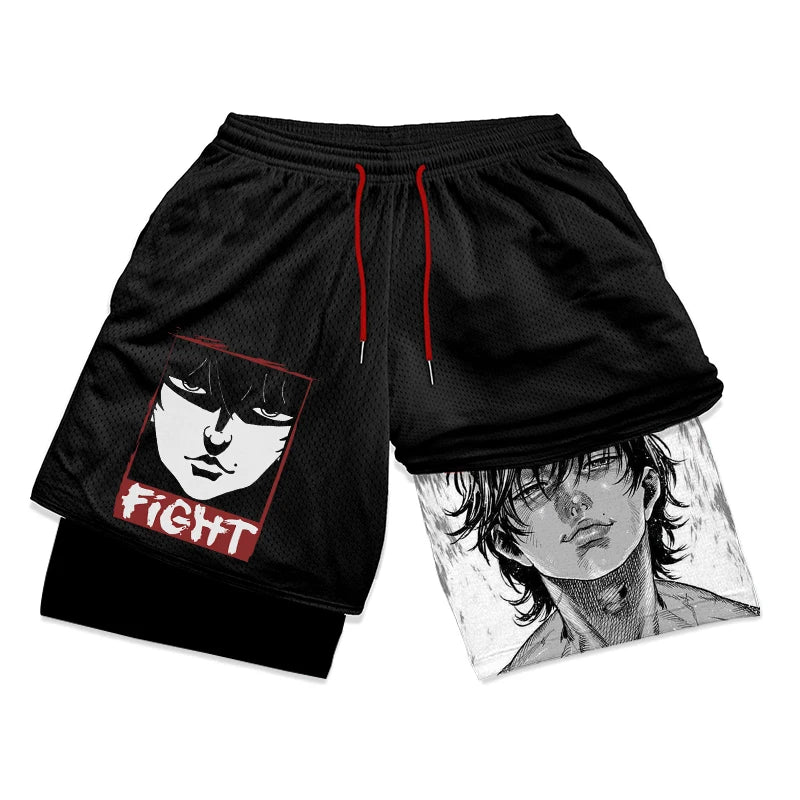 Anime Baki Hanma Gym Workout Shorts for Men Athletic Quick Dry 2 in 1 Compression Shorts Cosplay Costume