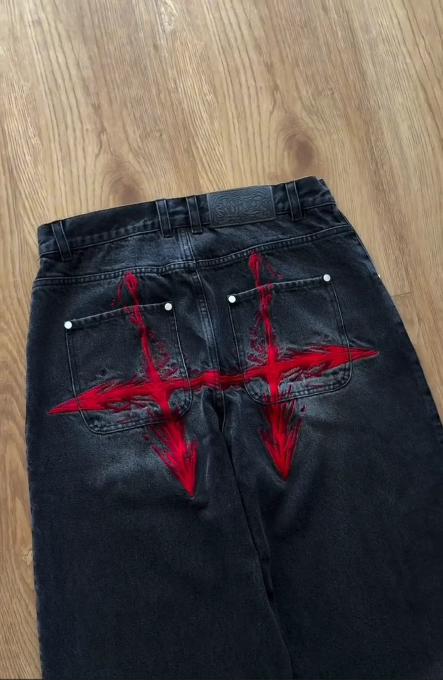 Y2K Vintage Loose Denim Pants Black Japan Cartoon Pattern Embroidered Jeans Women Wide Leg High Waist Streetwear Men Jeans