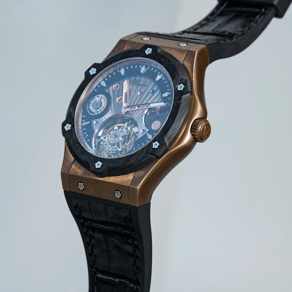 Haofa Manual Tourbillon Movement Watch for man Sapphire Mechanical Bronze Case Carbon Fiber Bezel Mens Watch Day And Night 1915T
