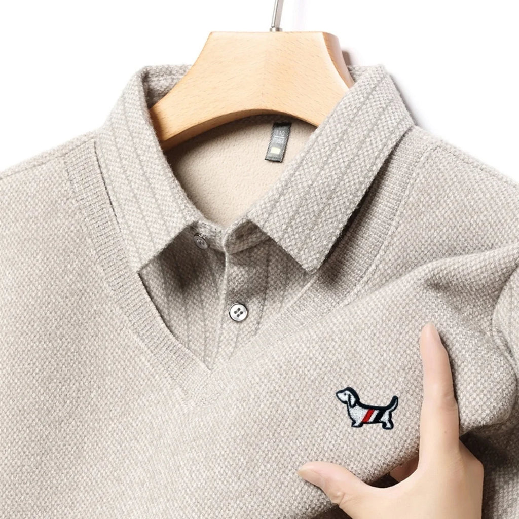 Hot Sales Cartoon Dog Embroid Men's Sweater Lapel Thicken Knit Pullover Winter Design Quality Fake Two Pieces Warm Men's Wear