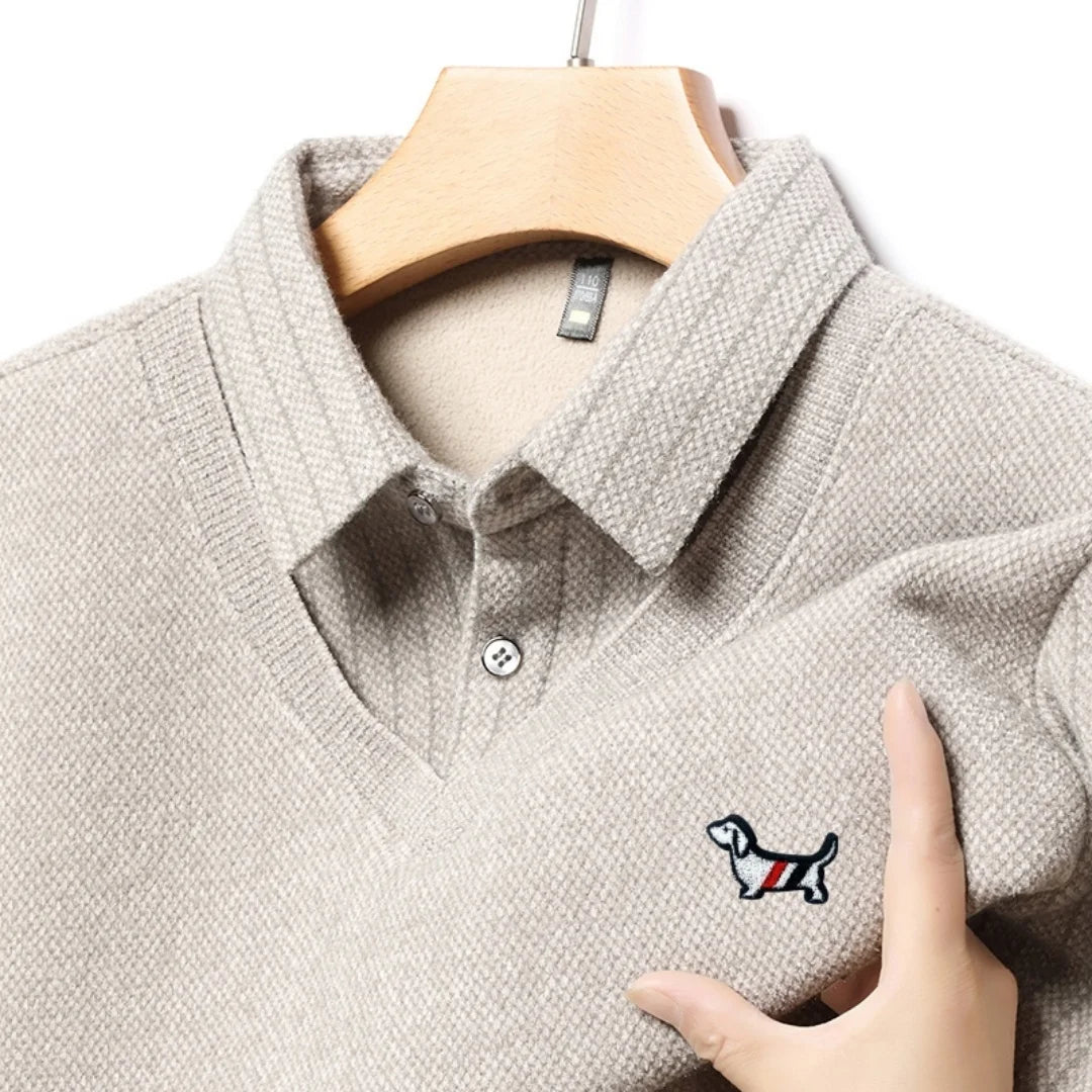 Hot Sales Cartoon Dog Embroid Men's Sweater Lapel Thicken Knit Pullover Winter Design Quality Fake Two Pieces Warm Men's Wear