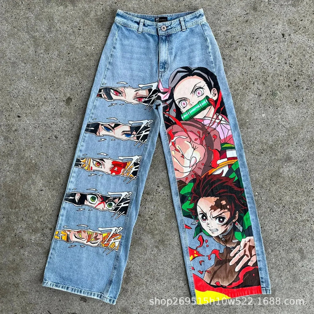 New Trend Printed Demon Slayer One Piece Jujutsu Kaisen Anime Characters Teen Loose Casual Jeans Japanese Retro Straight Jeans