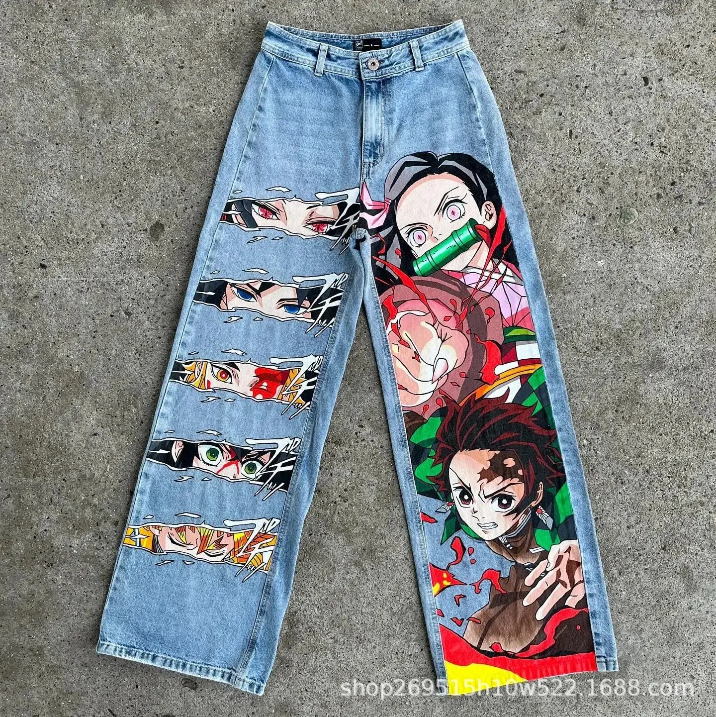 New Trend Printed Demon Slayer One Piece Jujutsu Kaisen Anime Characters Teen Loose Casual Jeans Japanese Retro Straight Jeans