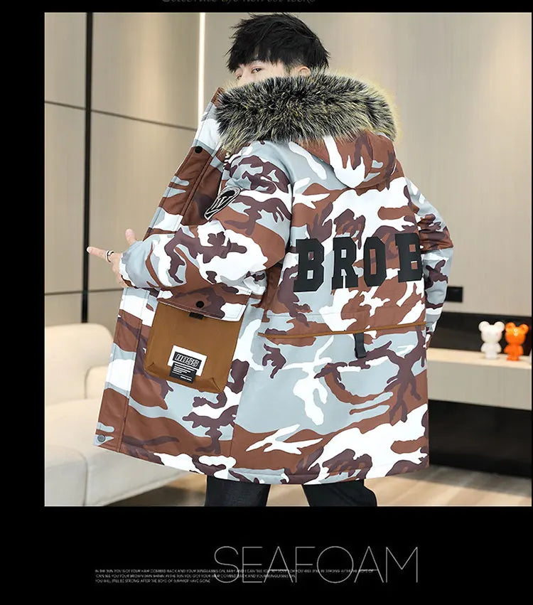 Fashion Mid-Length Camouflage Warm Parkas Winter Men's High Street Wear Windproof Hooded Plush Jackets Outdoor Thick Fleece Coat