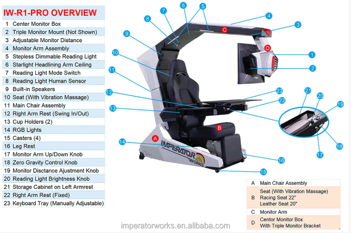 Imperator R1 Pro Recline zero Gravity Gaming Cockpit Massage Speaker Monitor Adjustable RGB Chair Workstation Computer Cockpit