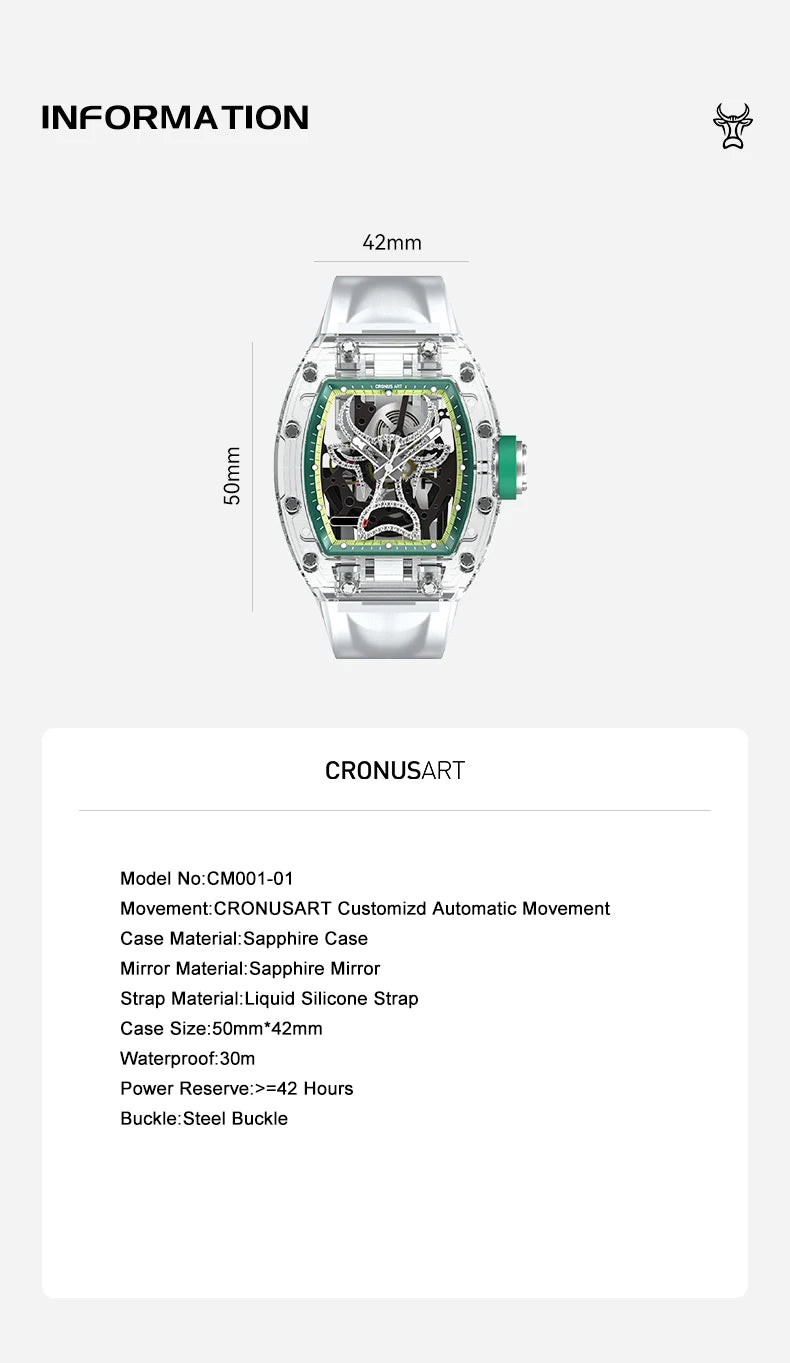 CRONUSART Men Automatic Watch 50mm Tonneau Mechanical Wristwatch Sapphire Case & Mirror Luminous FKM Strap Skeleton Bull Dial