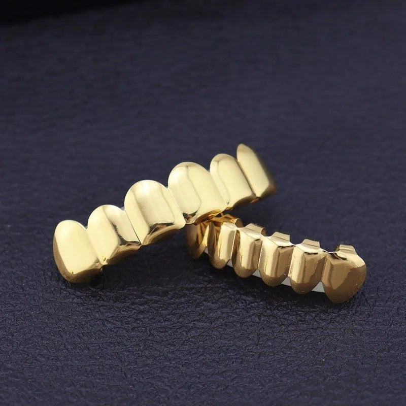 Hip Hop 6/6 Teeth Grills Hip Hop 14K Gold Plated Tooth Caps Decor Braces Punk Cosplay Party Braces For Fashion Women Men Jewelry