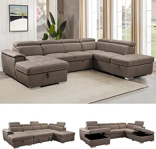 thsuper 127'' microfiber oversized u shaped sectional sleeper sofa couch with pullout bed, 7 seat couches with adjustable headre