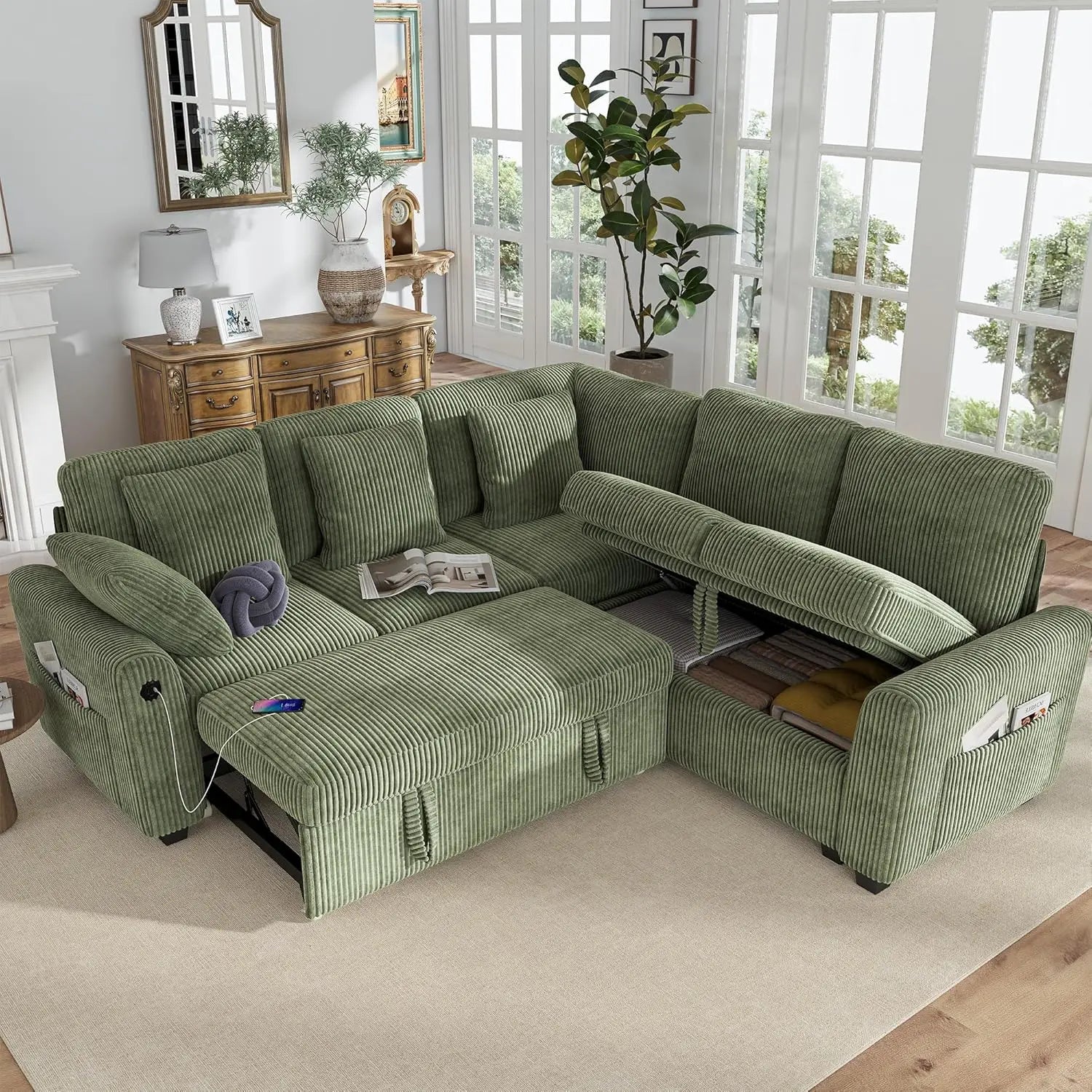 L Shaped Sectional Sleeper Sofa with Pull Out Bed Storage USB Charging Living Room Apartment, Custom
