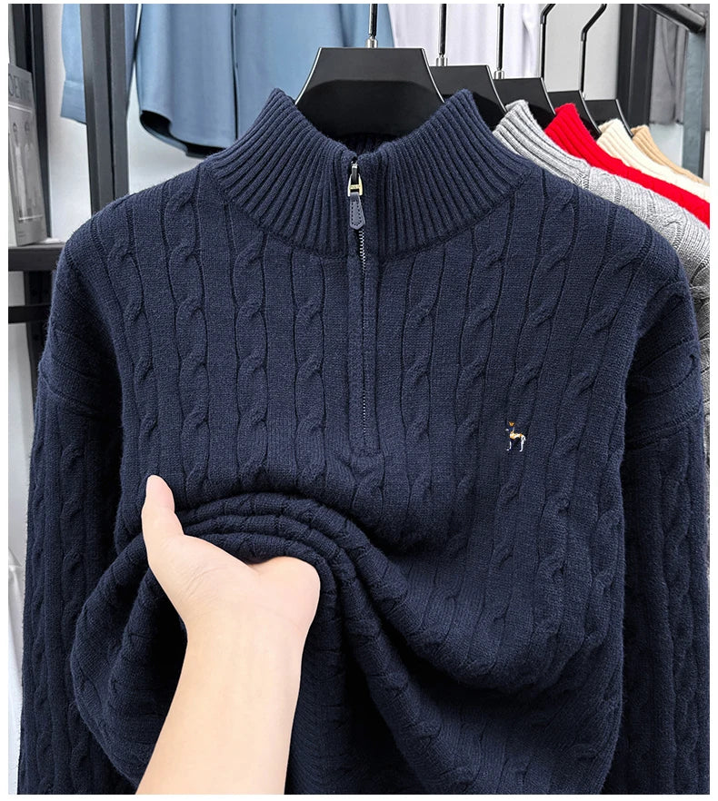 High end brand fashion jacquard sweater cartoon dog embroidery zipper semi high neck autumn winter warm men's knitted pullover