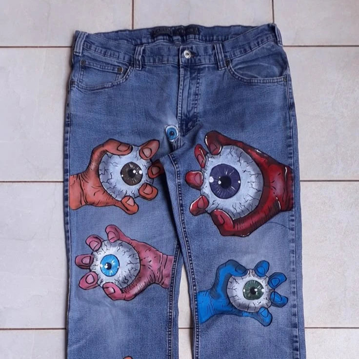 Gothic Abstract Graphic Jeans Y2K Men Women Harajuku Cartoon Eyeball Print Vintage Blue Baggy Jeans Low Waist Wide Leg Trousers