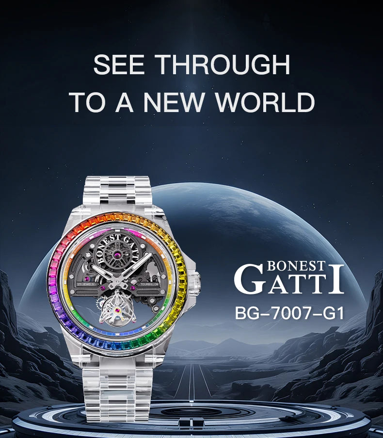 BONEST GATTI luxury Full Skeleton Automatic Mechanical Watch Sapphire Back 48 Rainbow Diamonds Luminous Luxury Wristwatch Men