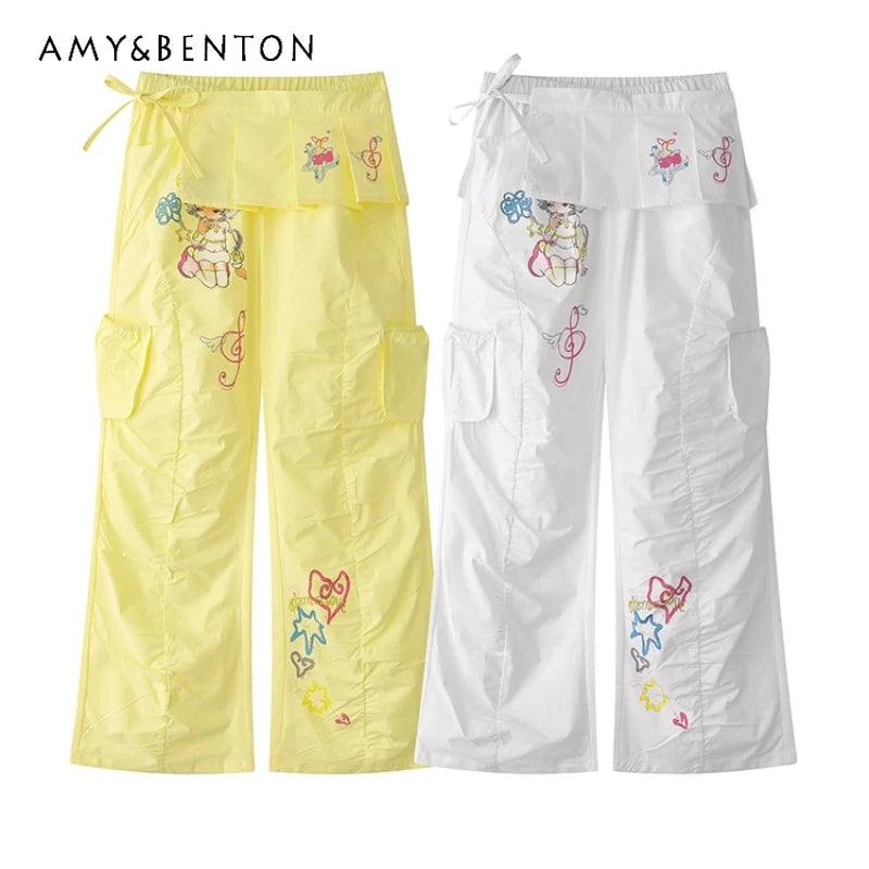 2025 Spring Summer New Retro Cartoon Anime Print Women's Trousers Original Design Loose Slimming Straight Casual Pants Ladies