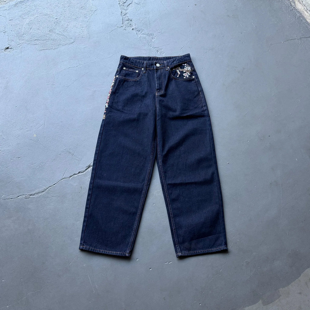 Derschutze 2026 New High-Quality Street Heavy-Duty Embroidered Sakura Raw Denim Straight-Leg Jeans Men's Streetwear Pants