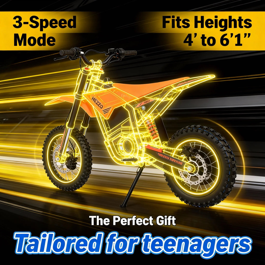 HEZZO D3 60V 3500W Electric Dirt Bike For Teens - 50MPH With Hydraulic Brake Vibrant Orange High Performance Motocross E-Bike