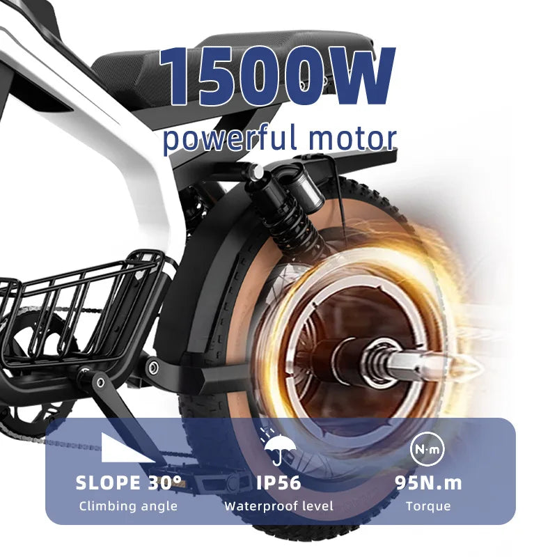 E-Bike 1500W Motor 52V20AH All-terrain Fully Suspended Off-road Motorcycle Electric Bike 20*4.0-inch Fat Tire  Electric Bicycle