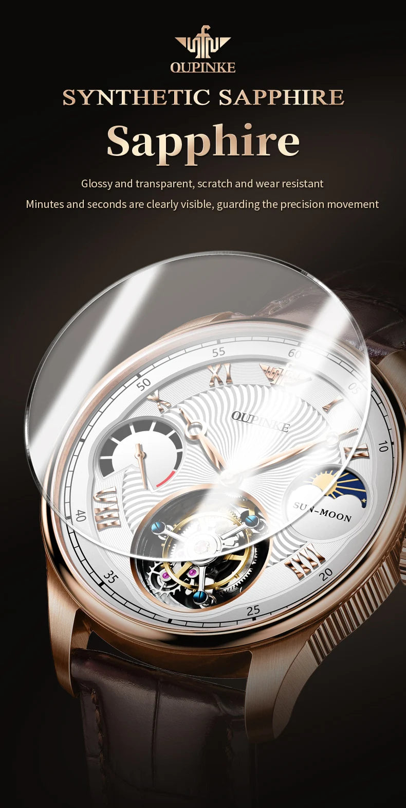 OUPINKE Men's Watch Top Luxury Fashion Original Tourbillon Mechanical Watch for Man Leather Strap Sapphire Mirror Moon Phase