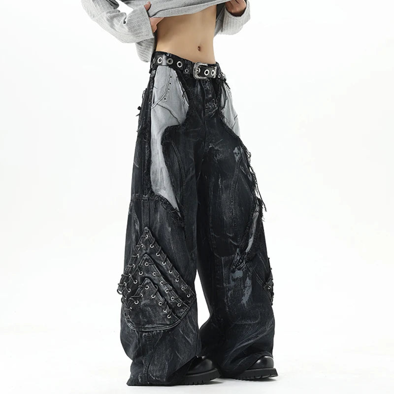 High Street Men's Denim Trousers Patchwork Contrast Color Drawstring Raw Edge Dirty-dying Worn-out Male Jeans New
