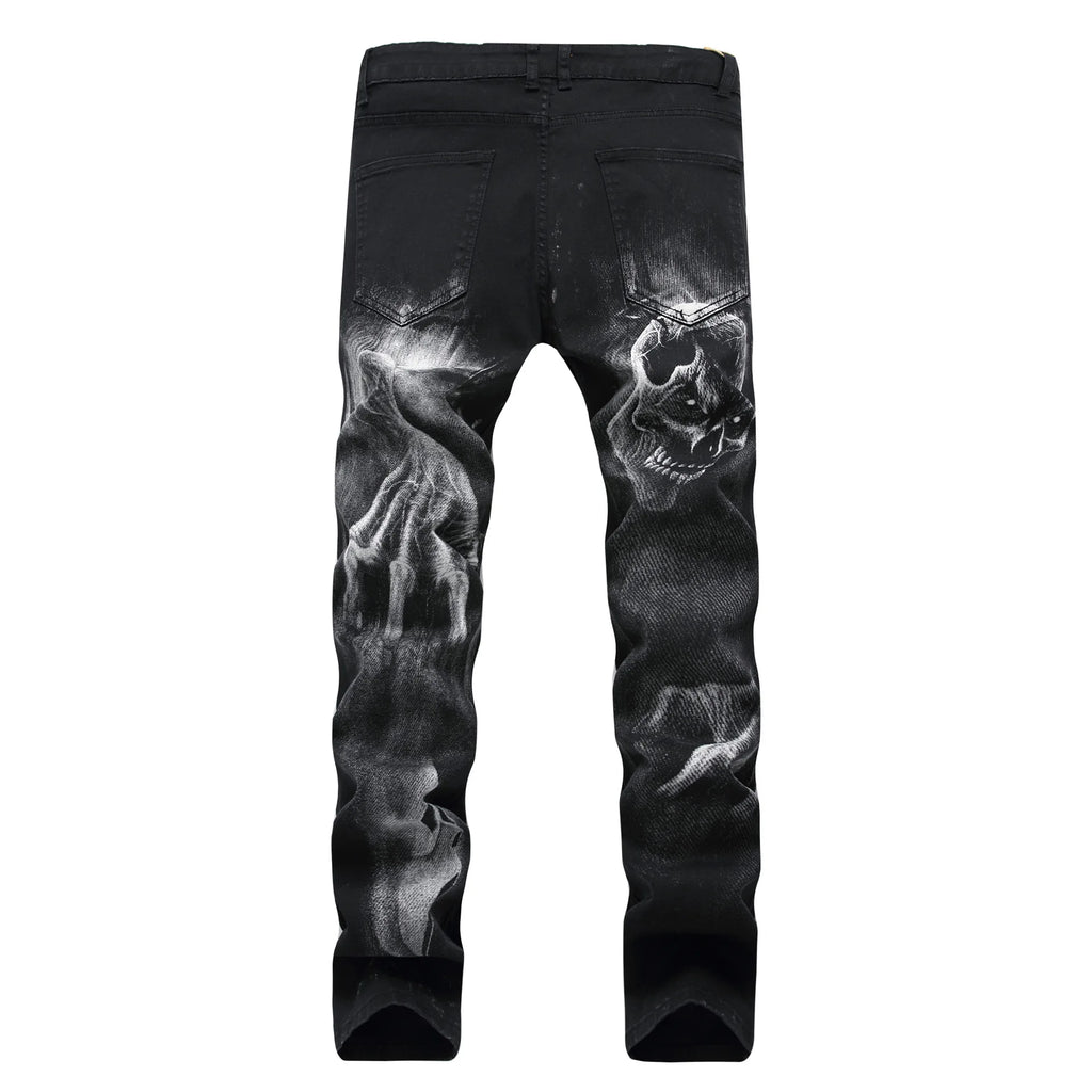 2026 Men's Blue 3D Printing Jeans, Black Wolf Pattern Printed Punk Straight Cotton Casual Print Denim Pants Asian Size 28-42