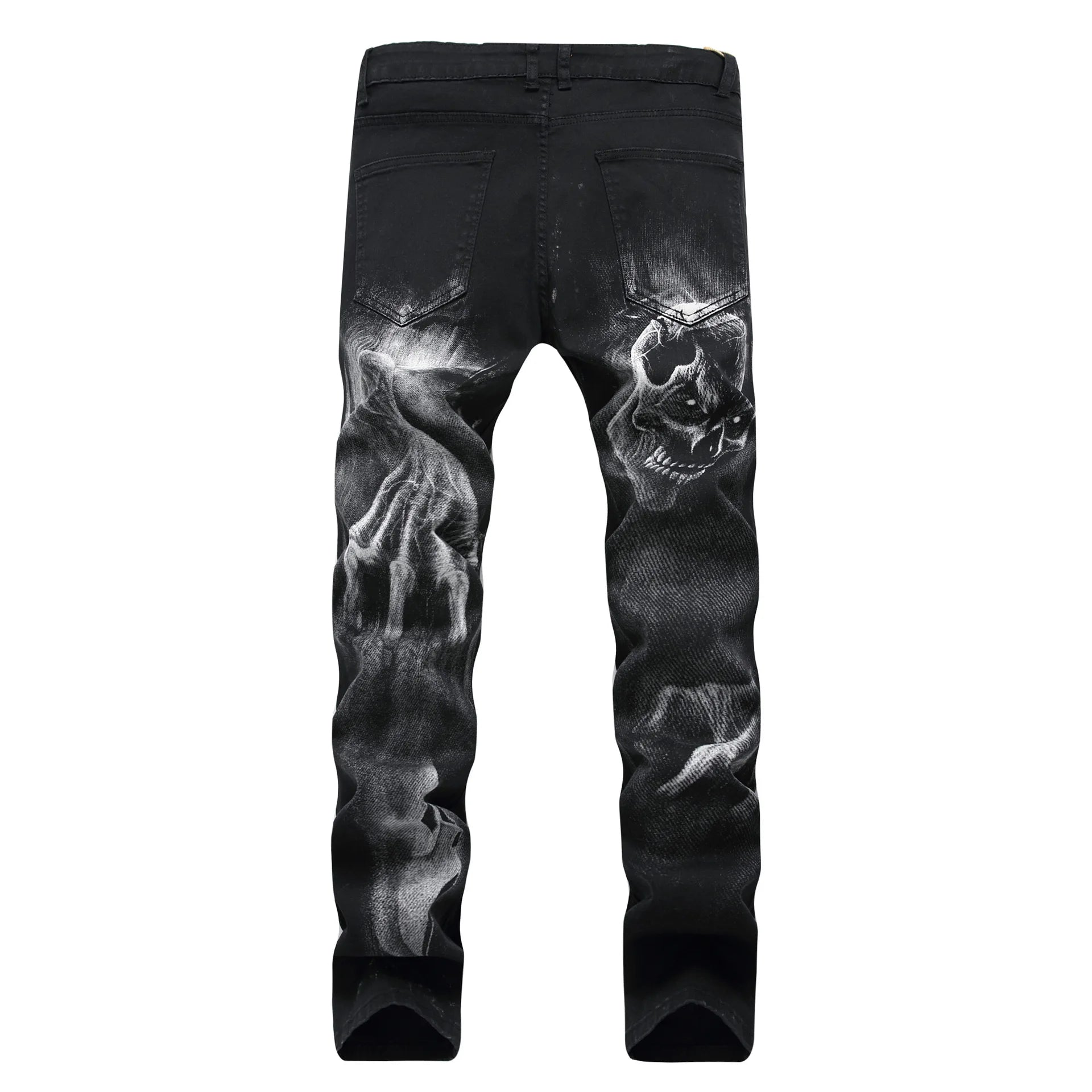 2026 Men's Blue 3D Printing Jeans, Black Wolf Pattern Printed Punk Straight Cotton Casual Print Denim Pants Asian Size 28-42