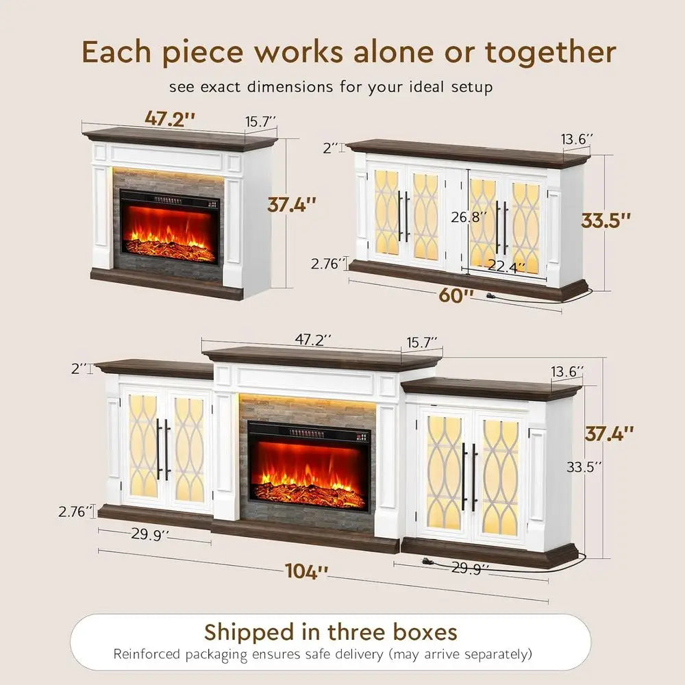 100 LED TV Stand with Outlet, Electric Fireplace, Mantel, Entertainment Center, 30 Heater Insert, 3D Flame Effect, Customized