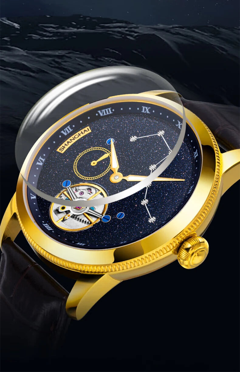 Shanghai Watch Carousel Manual Winding Mechanical Watches Luxury Men's Wristwatch Rotating Dial Luminous Waterproof Watch 6813J