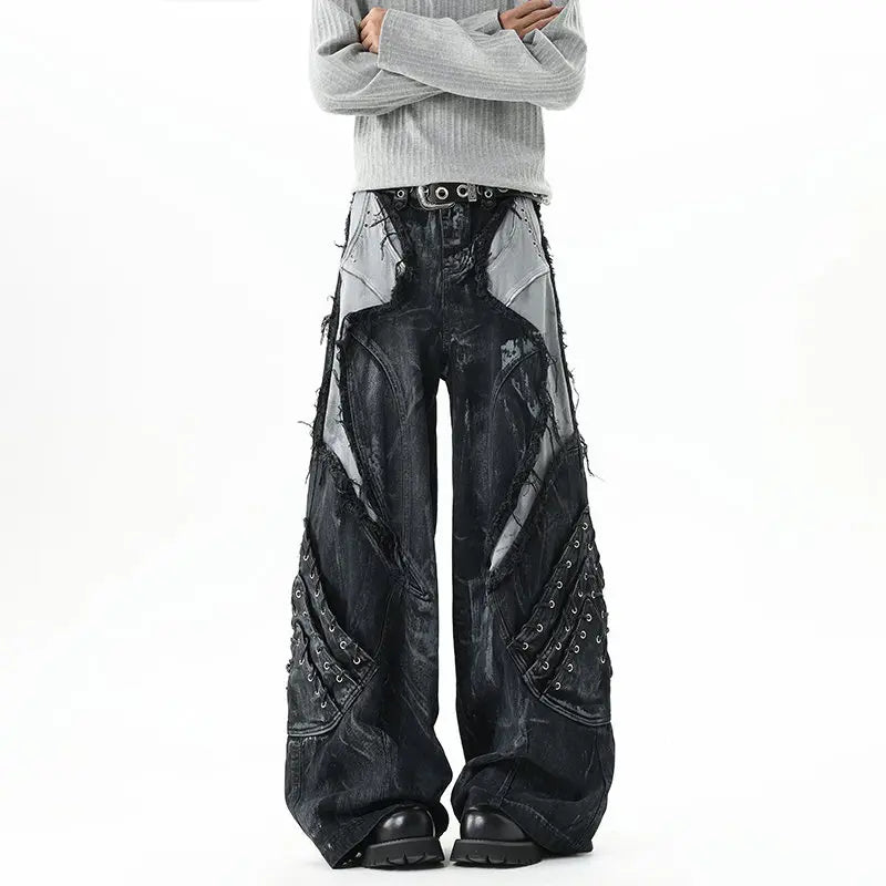 High Street Men's Denim Trousers Patchwork Contrast Color Drawstring Raw Edge Dirty-dying Worn-out Male Jeans New
