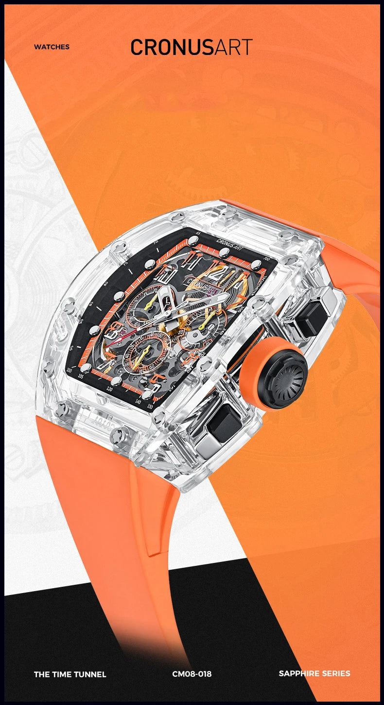 CRONUSART Men Chronograph Watch Tonneau Mechanical Wristwatch Sapphire Case & Mirror Luminous FKM Strap Skeleton Dial