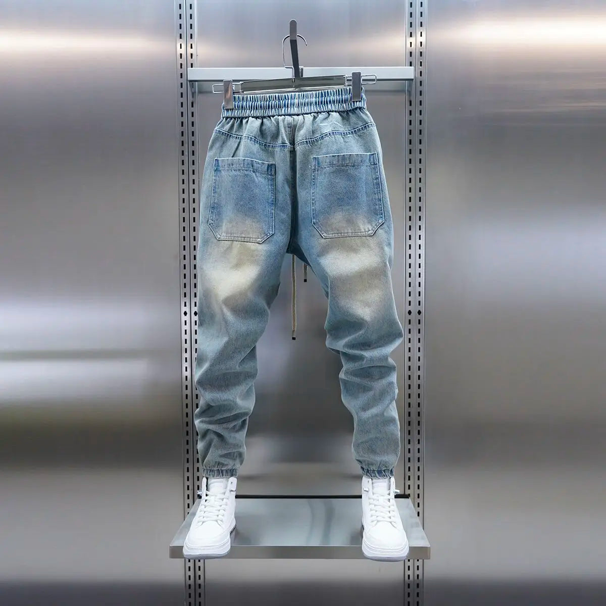 Men's distressed ripped drawstring and cuffed jeans with rivet embellishments high-street slim-fit trousers brand men clothing