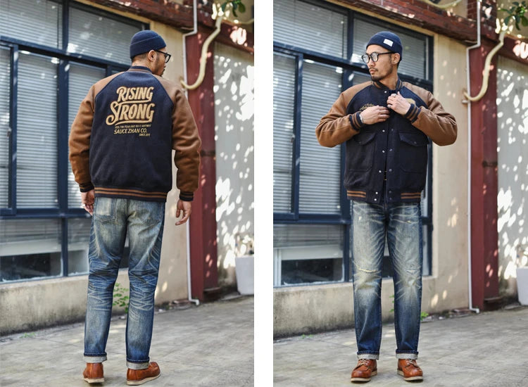 Sauce zhan Bamboo shaped yarn Mens Jeans Selvedge Denim Jeans Distressed Wash jeans for men Straight Fit 14 Oz