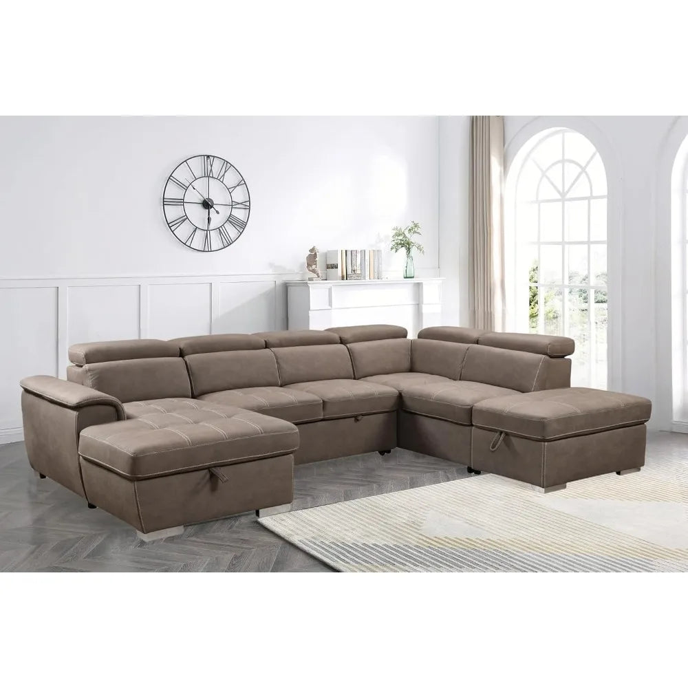 thsuper 127'' microfiber oversized u shaped sectional sleeper sofa couch with pullout bed, 7 seat couches with adjustable headre