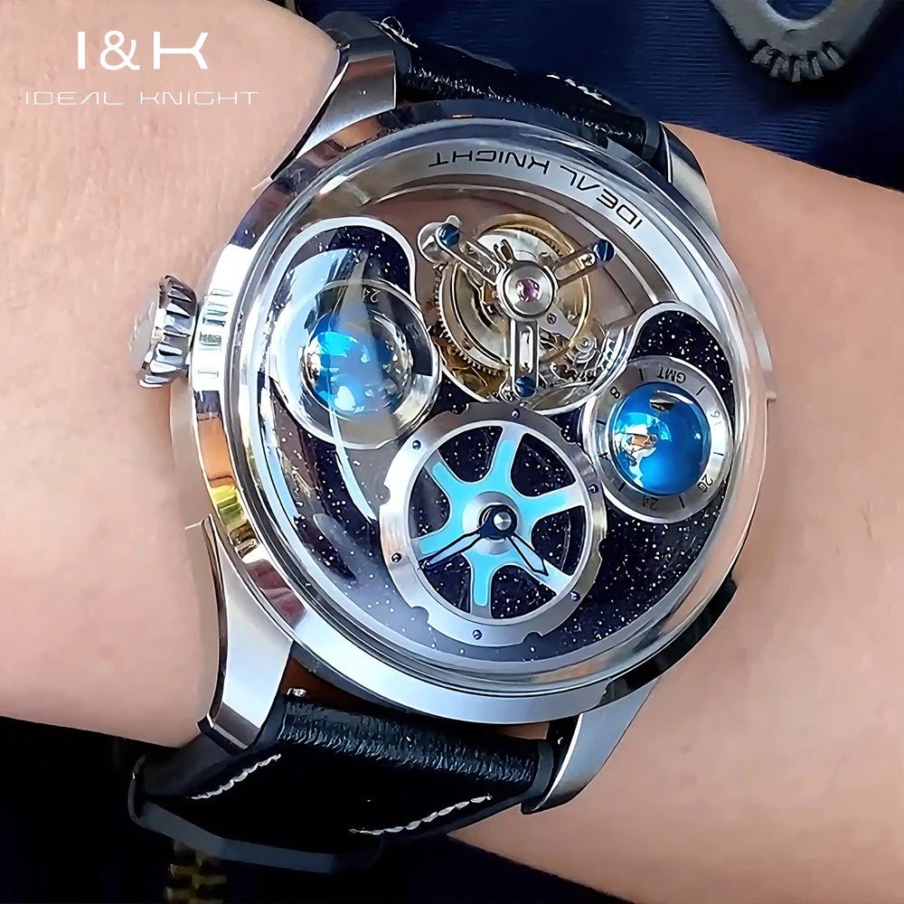 IDEAL KNIGHT Men's Watches Top Brand Luxury Manual Tourbillon Blue Earth Mechanical Wristwatch Waterproof Luminous Sapphire 6808
