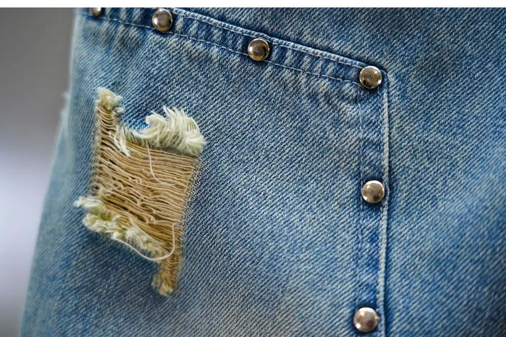 Men's distressed ripped drawstring and cuffed jeans with rivet embellishments high-street slim-fit trousers brand men clothing