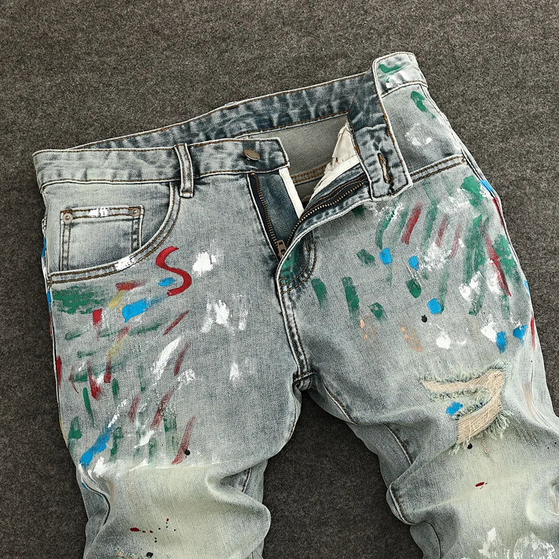 High Street Fashion Men Jeans Retro Washed Blue Stretch Slim Fit Ripped Jeans Men Painted Designer Vintage Denim Pencil Pants