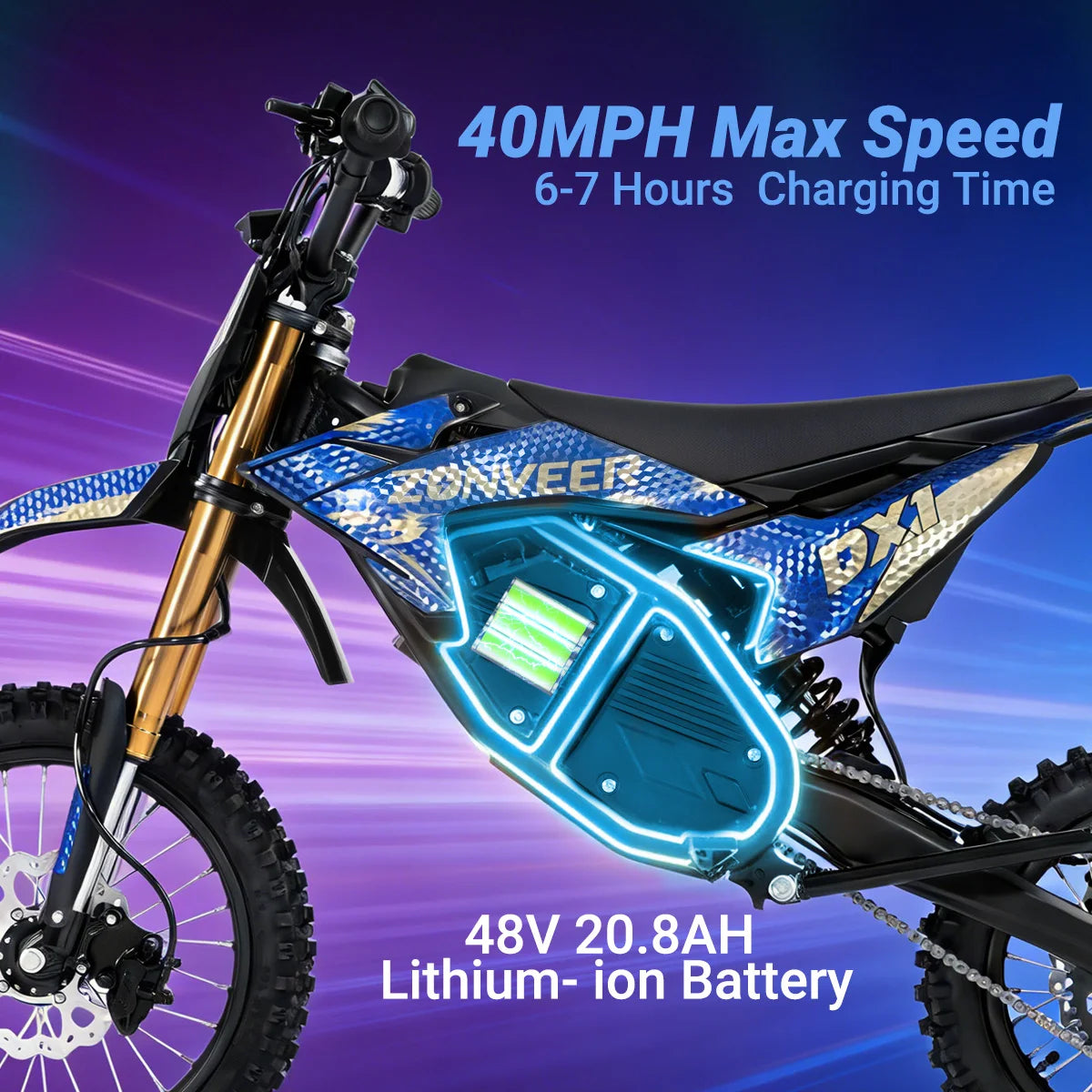 Zonveer DX1 3000W Peak Electric Dirt Bike for Adults, 998.4WH Battery, 40MPH Off-Road Electric Motorcycle, Hydraulic Brakes