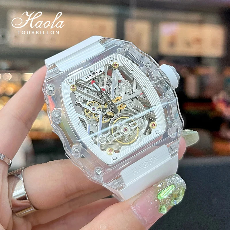 Haofa Transparent Crystal Glass Case Men's Watch Fully Automatic Mechanical Movement Luminous Fashion Watches For Man 2202