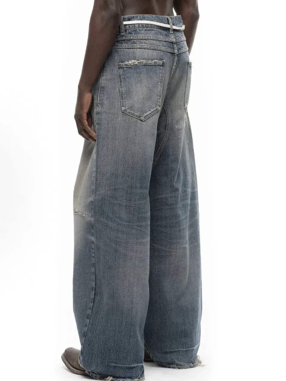 No faith studios washed pussy whiskers made old handmade ripped loose wide legs light blue jeans