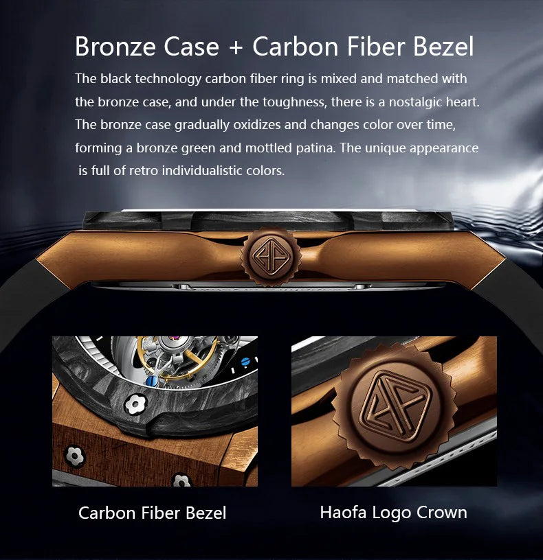 Haofa Manual Tourbillon Movement Watch for man Sapphire Mechanical Bronze Case Carbon Fiber Bezel Mens Watch Day And Night 1915T