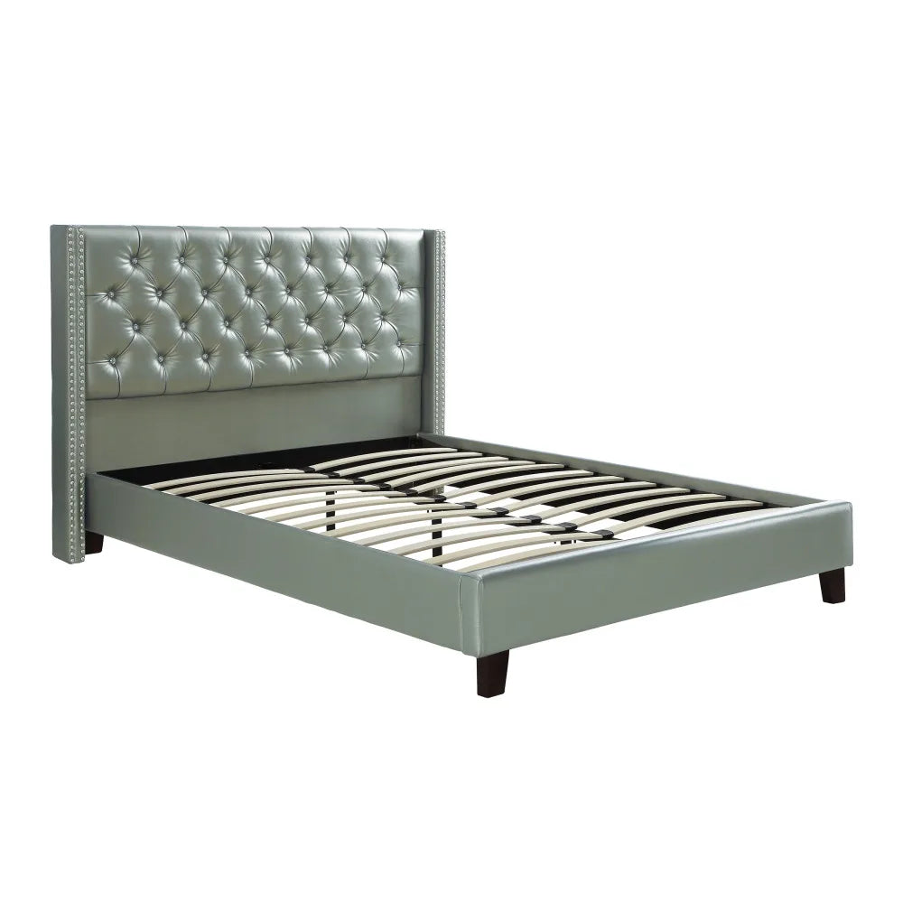 Full Size Silver Faux Leather Upholstered Tufted Bed Frame Headboard Bedroom Set
