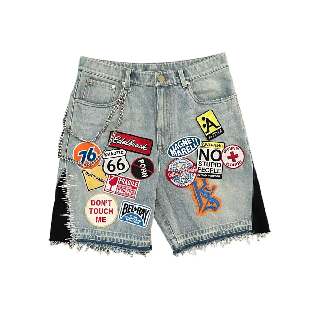 Retro Blue Patch Loose Low Rise Street Trend Denim  Men Women Hip Hop Fitness Casual Short Y2K Cartoon  Embroidery Pattern Jeans