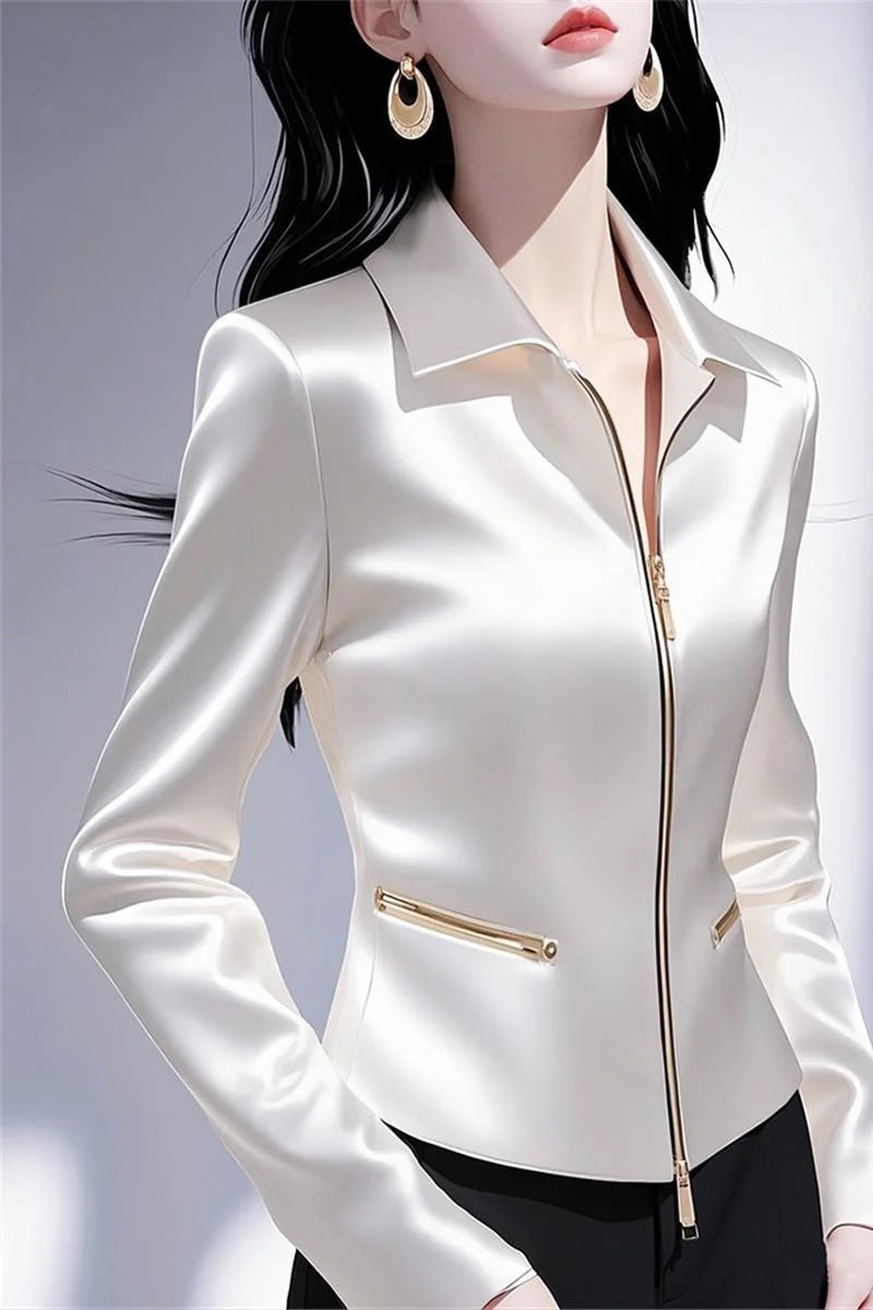 Contrast Satin Jacket Women's 2025 Early Spring Summer New Shirt Female High Quality Western-Style Waist Coat Zipper Tops Ladies