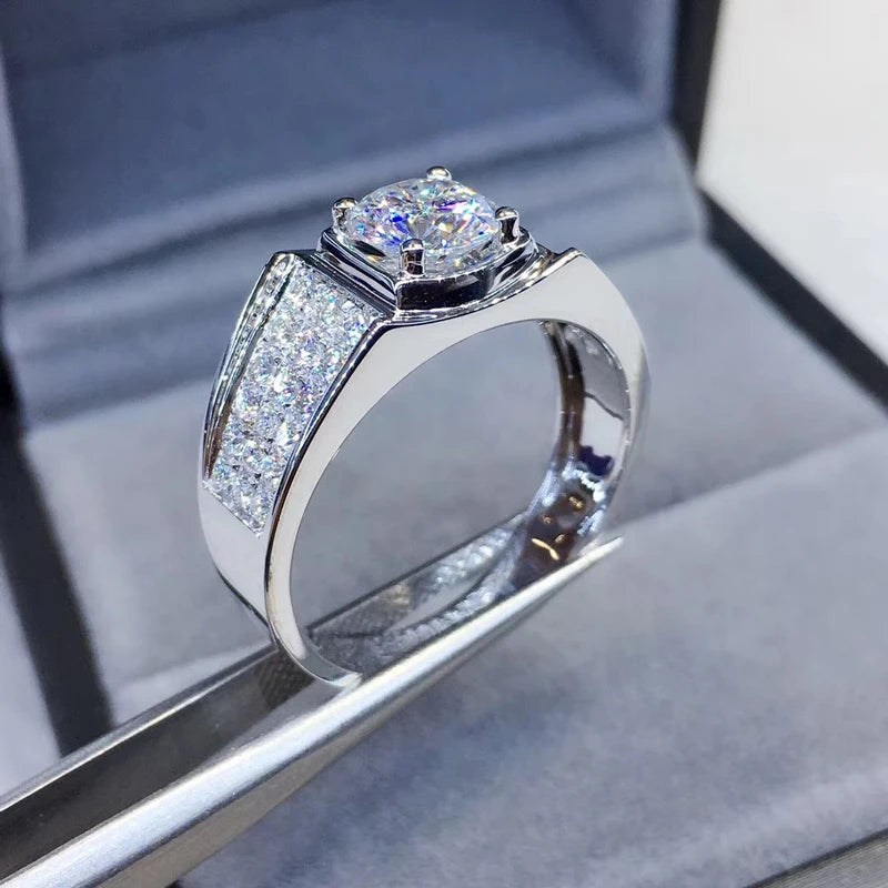Custom Real 18K White Gold Ring Men Engagement Anniversary Party Wedding Ring Round Moissanite Diamond Luxury 1 2 3 4 5 Carat