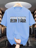 Summer men's 100% pure cotton casual loose plus size New York City printed sports comfortable round neck short sleeved T-shirt