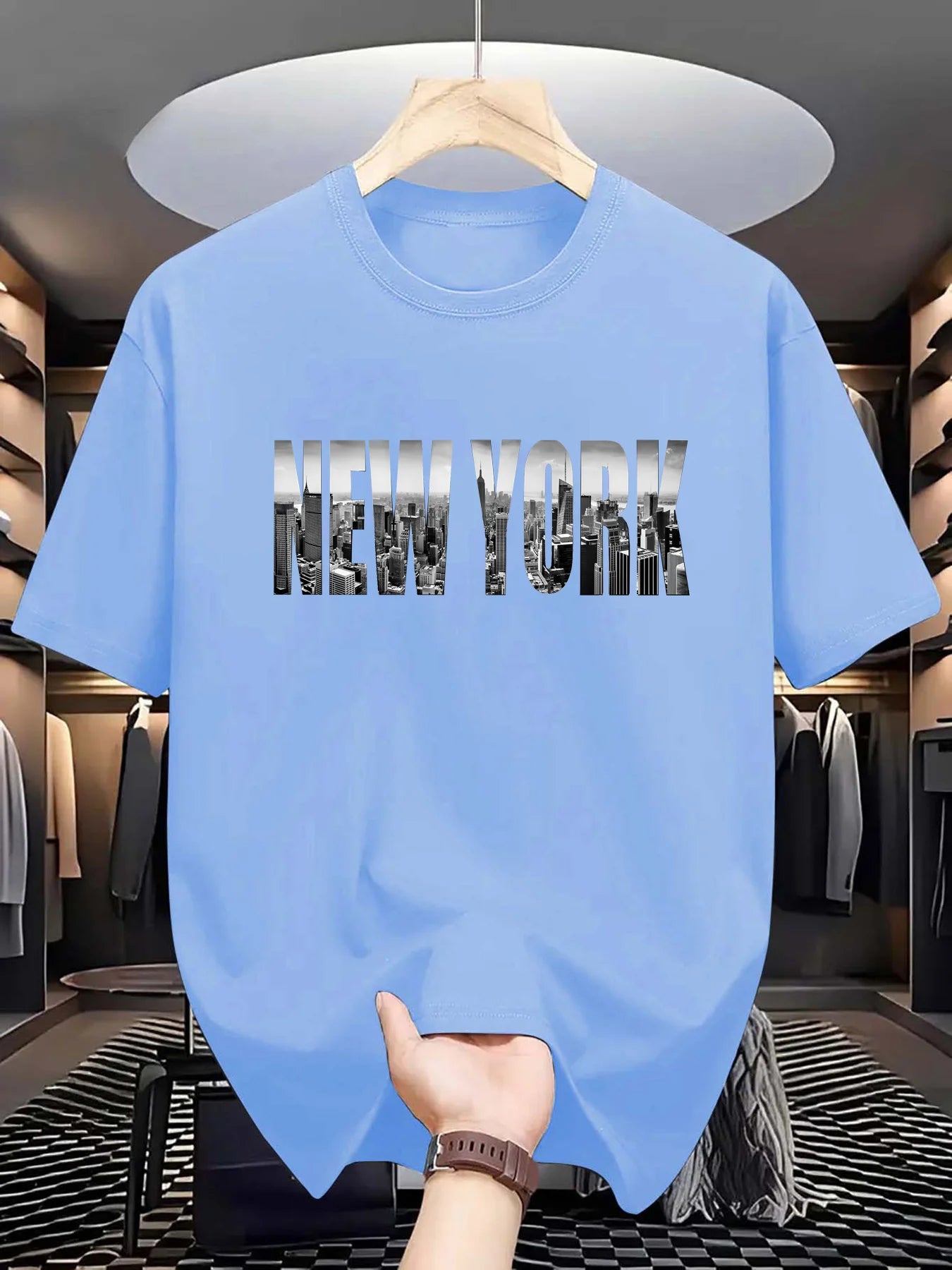 Summer men's 100% pure cotton casual loose plus size New York City printed sports comfortable round neck short sleeved T-shirt