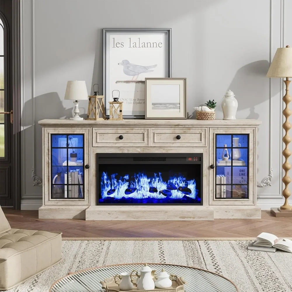 Modern Farmhouse Entertainment Center with Electric Fireplace LED Lights - TV Stand for up to 80'' TVs 70'' Media ，Customized