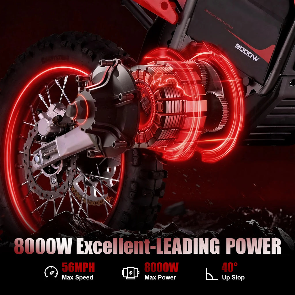 KOOZ HP131E-L 72V 8000W Pro Electric Dirt Bike for Adults,3 Speed Modes Electric Motorcycle Up to 56 MPH with 19"/16" Tires.
