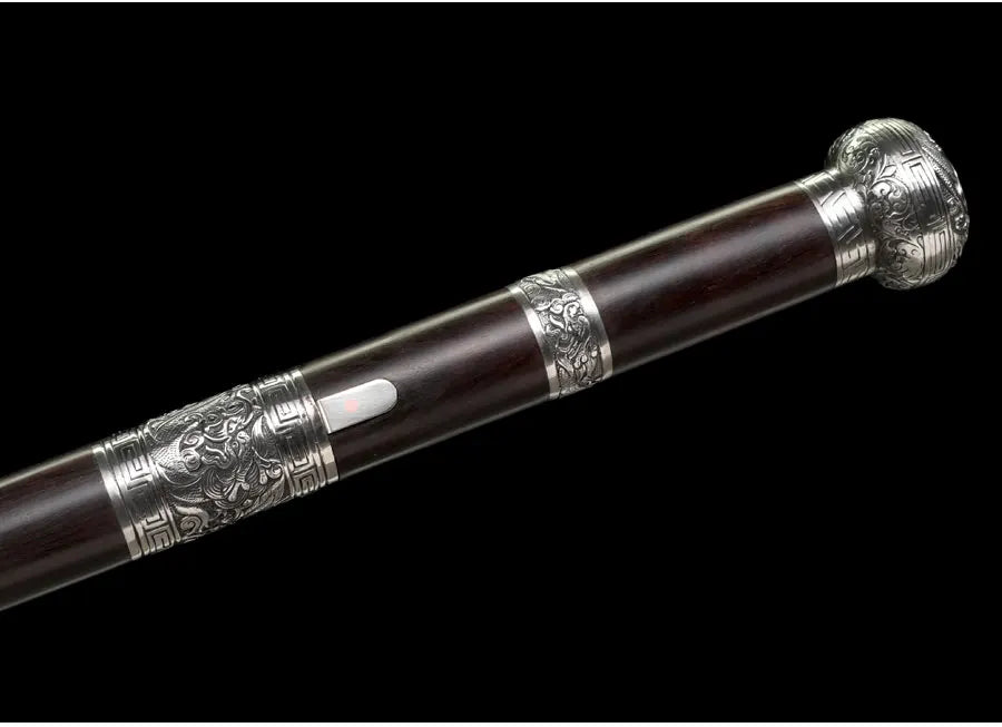 Chinese Staff Sword Folded Steel Damascus Blade Sharp Real Ebony Wood Scabbard Walking Stick Samurai Swords Silver Dragon Katana