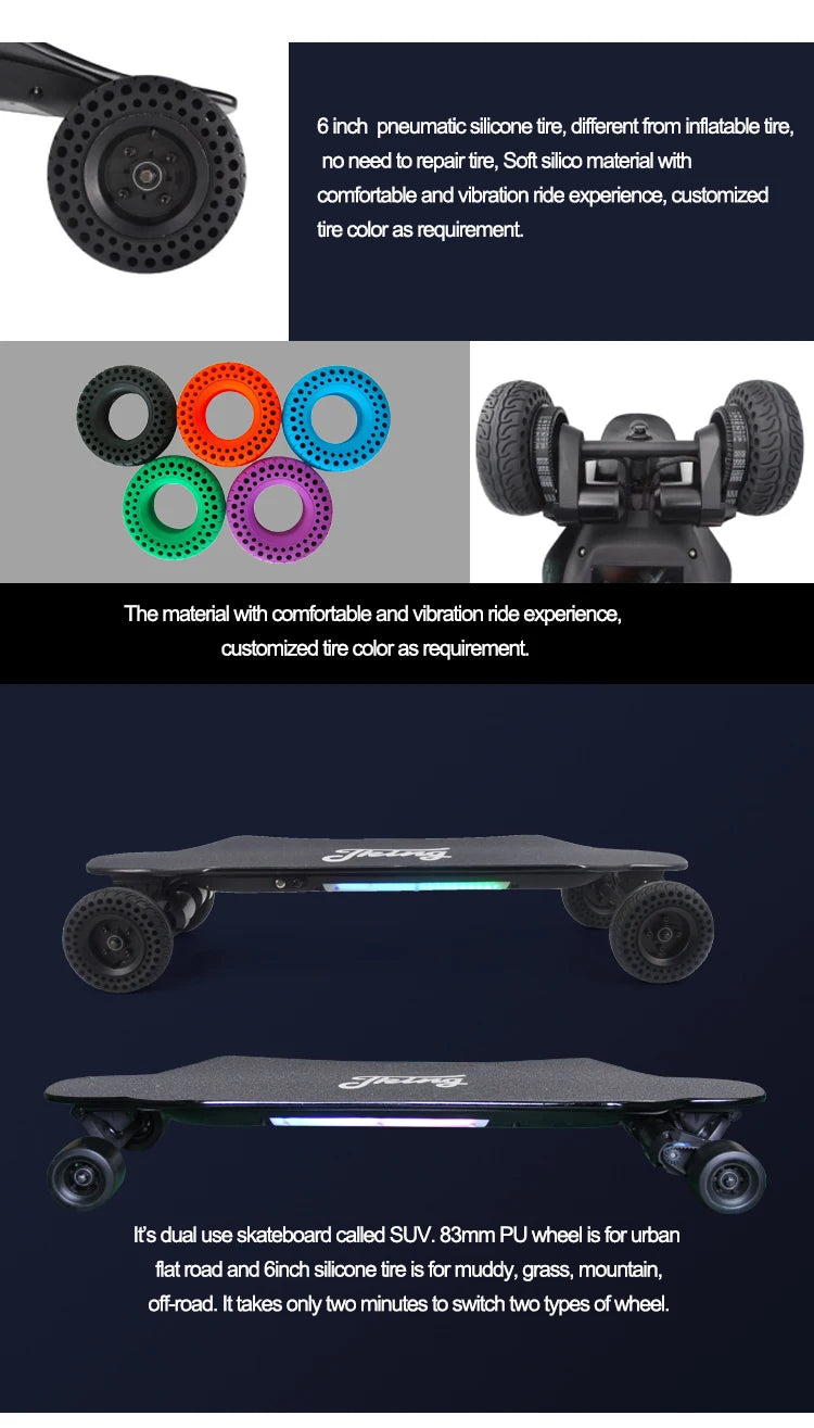 Dual Belt Motors 2000W 36V 7.5A Electric Skateboard LED Barfor Street Crusing or Off Road Riding Electric Skateboard All Terrain
