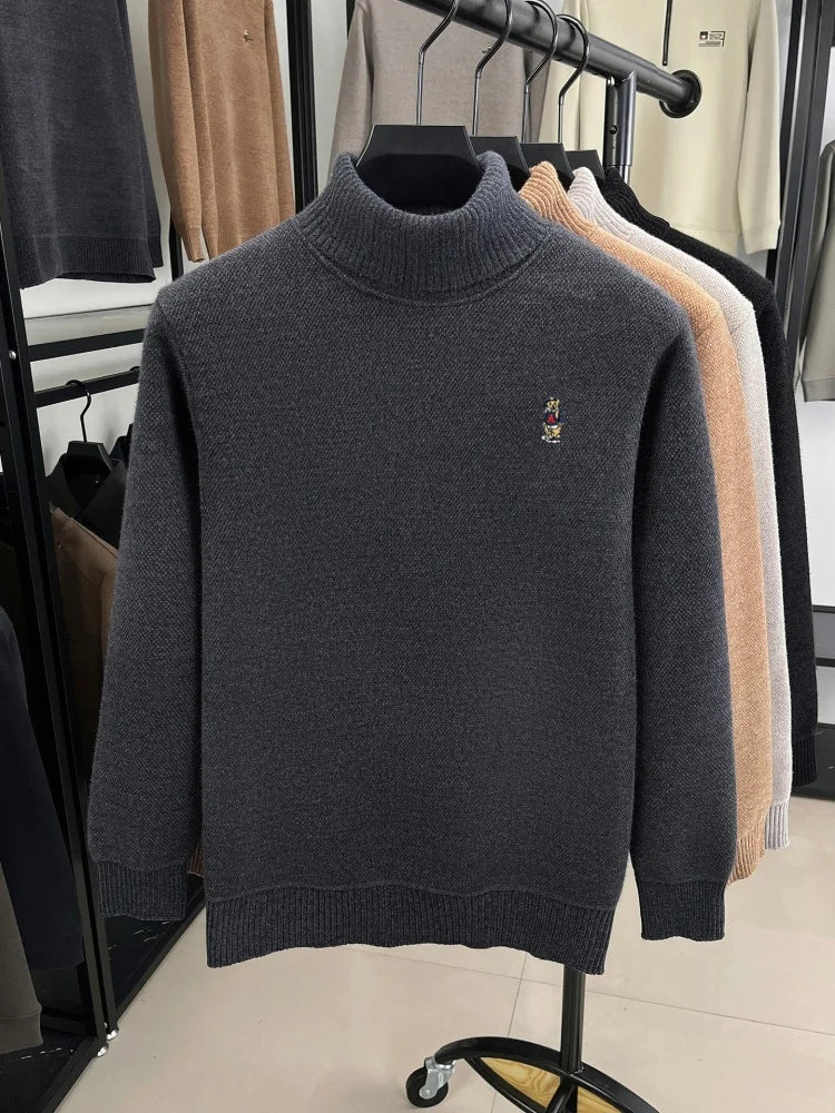 Brand cartoon bear embroidered high neck sweater luxury high end brand trend knit pullover casual warm plush comfort men's wear