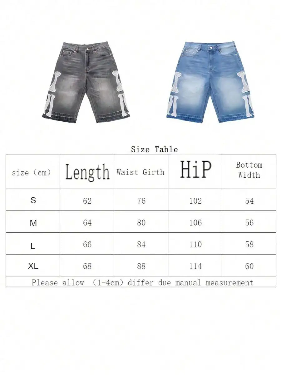 Mens Denim Shorts With Bone Applique Casual Summer Style